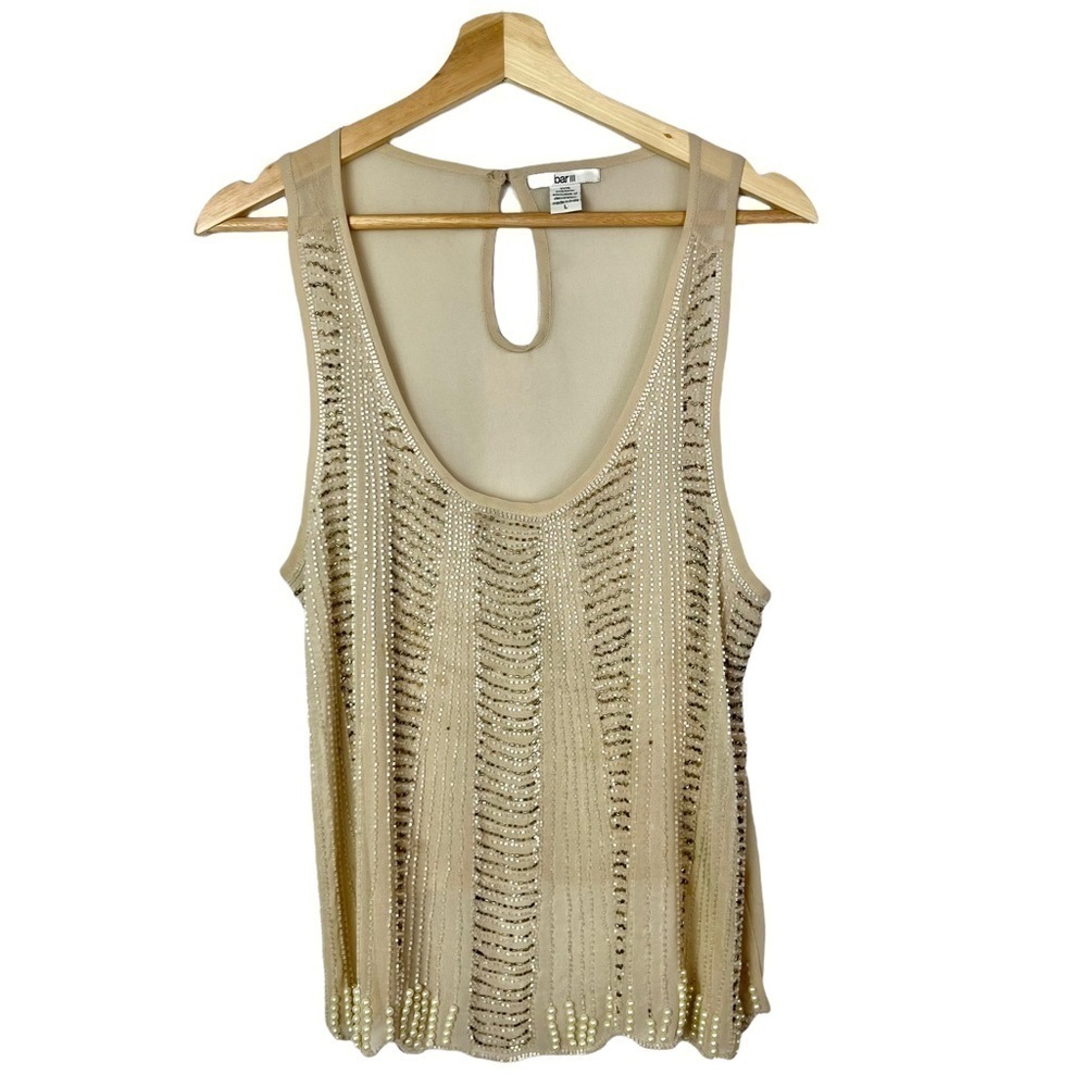 Bar III Beige Beaded Sheer Scoop Neck Tank Top L
